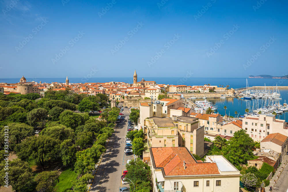 Italy, Sardinia, Alghero, View of over harbour towards historical center Italy, Sardinia, Alghero, View of over harbour towards historical center