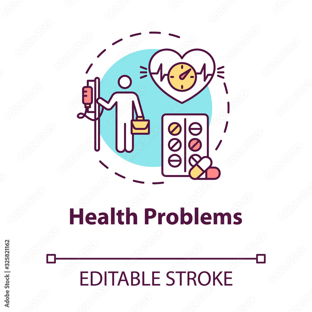 Health problems concept icon. Prescripted medication. Heart problems. Stress from work. Burnout repercussion idea thin line illustration. Vector isolated outline RGB color drawing. Editable stroke Health problems concept icon. Prescripted medication. Heart problems. Stress from work. Burnout repercussion idea thin line illustration. Vector isolated outline RGB color drawing. Editable stroke