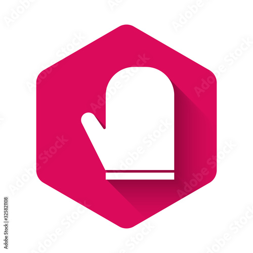 White Oven glove icon isolated with long shadow. Kitchen potholder sign. Cooking glove. Pink hexagon button. Vector Illustration