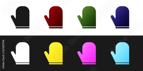 Set Oven glove icon isolated on black and white background. Kitchen potholder sign. Cooking glove. Vector Illustration