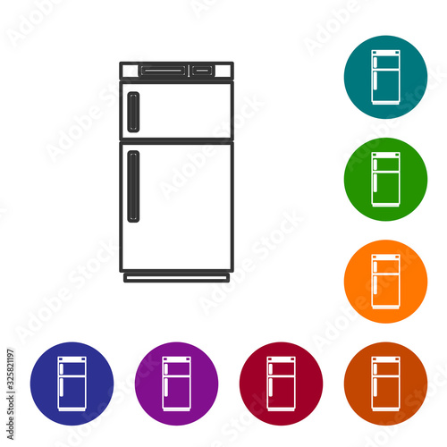 Grey line Refrigerator icon isolated on white background. Fridge freezer refrigerator. Household tech and appliances. Set icons in color circle buttons. Vector Illustration