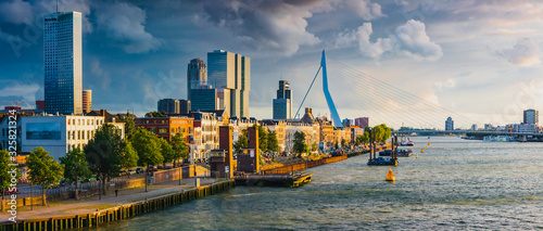 View of Rotterdam skyline with Erasmus bridge at sunset, Holland/Netherlands