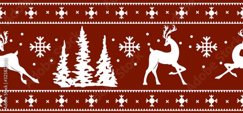 White christmas ornament on red background. Knitted seamless. Deer and Christmas trees in the form of a scarf. Seamless drawing for design and design. Knitting, embroidery.