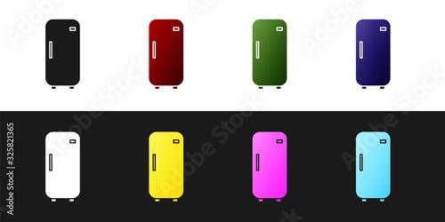 Set Refrigerator icon isolated on black and white background. Fridge freezer refrigerator. Household tech and appliances. Vector Illustration