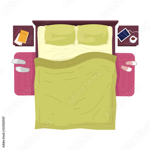 Bed with green linens top view with nobody semi flat RGB color vector illustration. Cozy sleeping place. Bedroom furniture and interior decor isolated cartoon object on white background