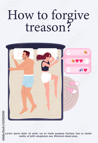 Treason forgiving poster template. Problems in family. Commercial flyer design with semi flat illustration. Vector cartoon promo card. Wife infidelity and cheating on. Advertising invitation