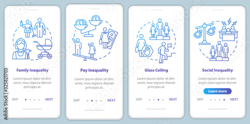 Gender discrimination onboarding mobile app page screen with concepts. Occupational segregation walkthrough 4 steps graphic instructions. UI vector template with RGB color illustrations