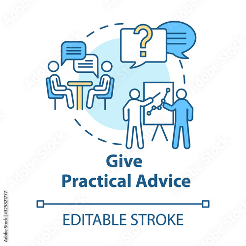 Give practical advice concept icon. Best friend guide and support. Planning solution, solving problem together idea thin line illustration. Vector isolated outline RGB color drawing. Editable stroke