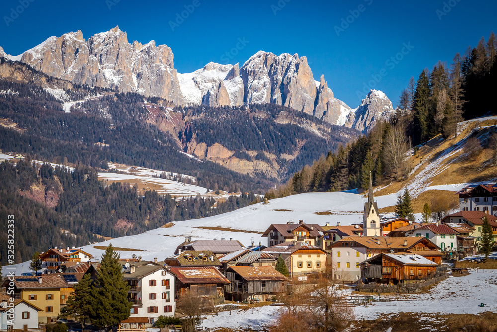 Winter cityscape of Moena, Dolomites, Trento, Trentino Alto Adige, Italy.