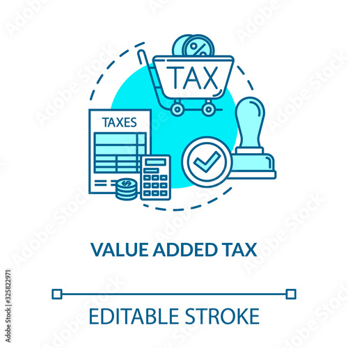 Value added tax turquoise concept icon. Consumption cost. Economy, finance. Regressive tax. Notary service idea thin line illustration. Vector isolated outline RGB color drawing. Editable stroke