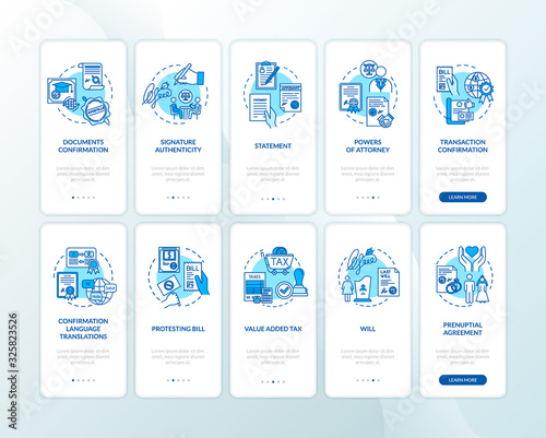Legal advice onboarding mobile app page screen with concepts set. Law agency services walkthrough 5 steps graphic instructions. UI vector template with RGB color illustrations
