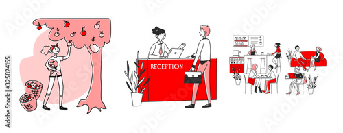 Leisure and service set. People gardening, talking at reception, coffee shop. Flat vector illustrations. Break, vacation time concept for banner, website design or landing web page