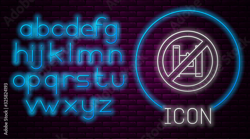 Glowing neon line Say no to plastic bags poster icon isolated on brick wall background. Disposable cellophane and polythene package prohibition sign. Neon light alphabet. Vector Illustration