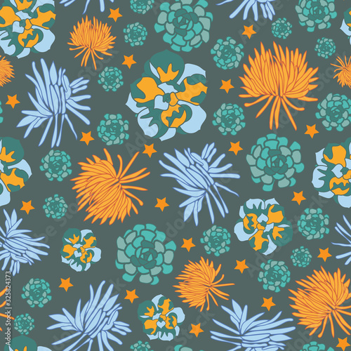 Succulants party-Houseplants seamless repeat pattern. Colourful succulent pattern background. Surface repeat pattern design in orange,green and blue. Perfect for fabric, scrap book,wallpaper