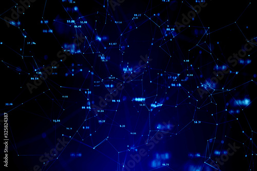 Dark cyberspace network with numbers, dots and lines. Copy space illustration background.