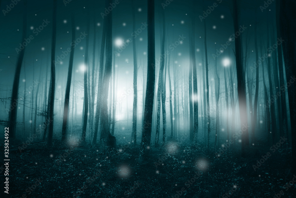 Turquoise coloured foggy fairytale forest with abstract fireflies. 