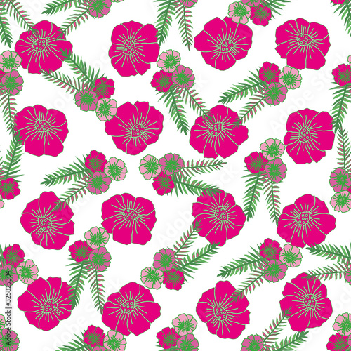 Poppies and Fern -Flowers in Bloom Seamless repeat pattern. Poppy flowers and fern leaves pattern background in pink green and white. Surface pattern design. Perfect for Fabric, scrapbook,wallpaper