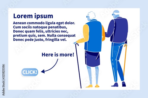 Flat Webpage Layout Offers Medical Support for Elderly. Text Banner with Cartoon Old People Couple Holding Walking Stick Isolated on White. Vector Illustration. Healthcare and Nursing for Pensioners