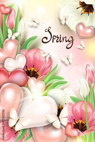 Tulips on background with butterflies and hearts. Spring discounts, sale, greeting card, banner, for the holidays: March 8, women's day, poster for spring, birthday, wedding, love