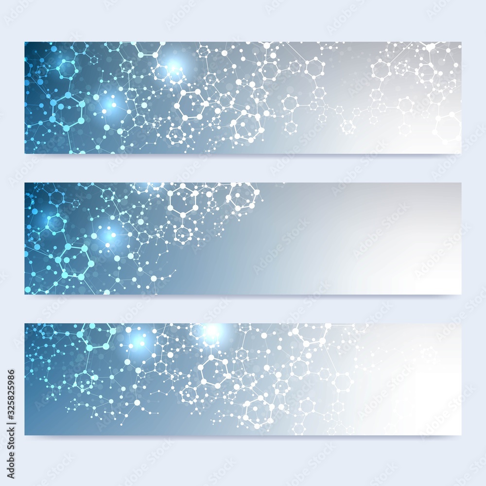 Scientific set of modern vector banners. DNA molecule structure with connected lines and dots. Scientific and technology concept. Wave flow graphic background for your design. Vector illustration. Scientific set of modern vector banners. DNA molecule structure with connected lines and dots. Scientific and technology concept. Wave flow graphic background for your design. Vector illustration.