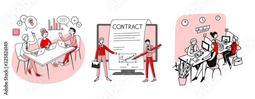 Business deal set. Businesspeople brainstorming, signing contract, consulting bank managers. Flat vector illustrations. Partnership, startup concept for banner, website design or landing web page