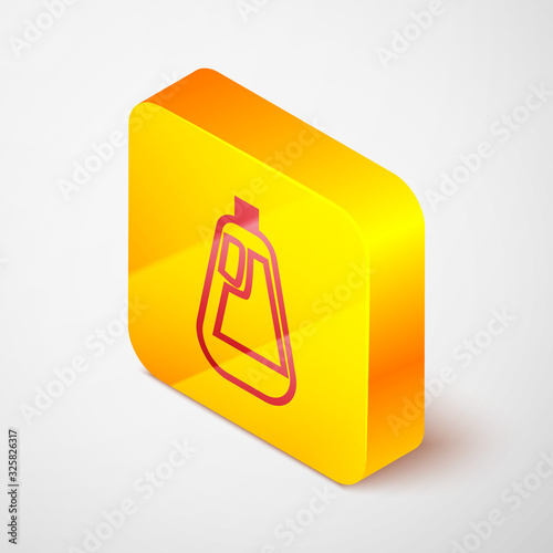 Isometric line Plastic bottle for liquid laundry detergent, bleach, dishwashing liquid icon isolated on grey background. Yellow square button. Vector Illustration