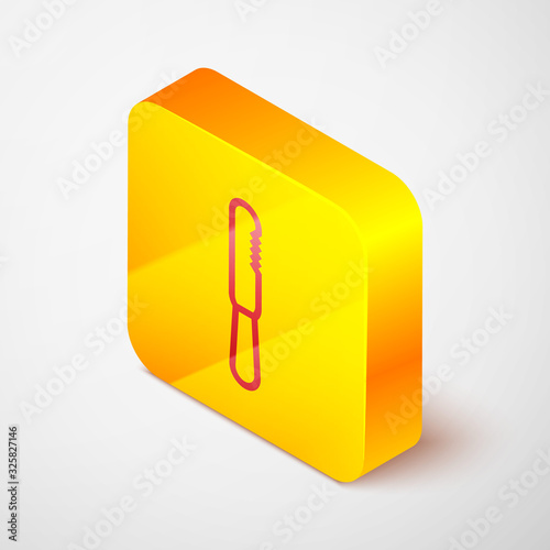 Isometric line Disposable plastic knife icon isolated on grey background. Yellow square button. Vector Illustration