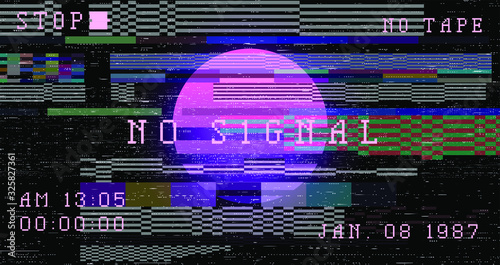 TV screen with VHS flicker effect and neon sun disc. Retrofuturistic nostalgic illustration, vaporwave style aesthetics of 80's-90's.