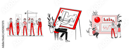Construction project set. Team of builders on site, architect with blueprint. Flat vector illustrations. Building work, real estate development concept for banner, website design or landing web page