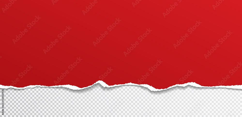 Torn, ripped piece of horizontal red paper with soft shadow is on white squared background for text. Vector illustration