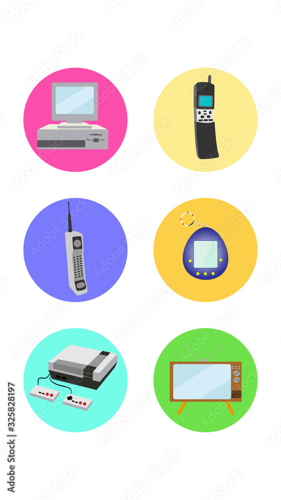 A set of six round icons for the current old antique retro technology electronics computer mobile phone game console TV on a white background. Vector illustration
