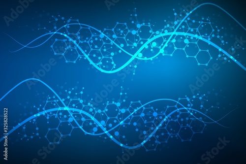 Structure molecule and communication. Dna, atom, neurons. Scientific concept for your design. Connected lines with dots. Medical, technology, chemistry, science background. Vector illustration.