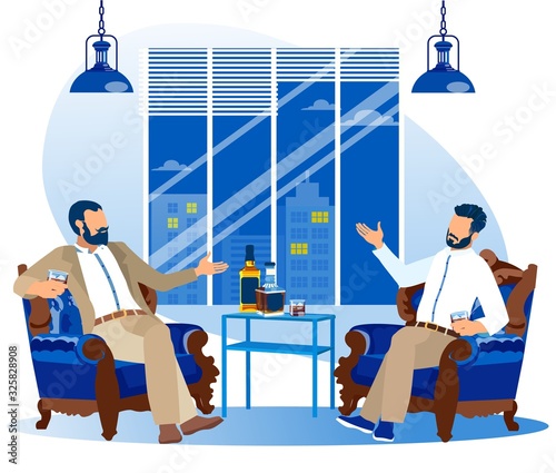 Couple of Fashioned Bearded Relaxing Business Men Sitting on Armchairs Drinking Whiskey or Alcohol Drinks. Characters in Barber Shop or Hotel Room with Night City View Cartoon Flat Vector Illustration
