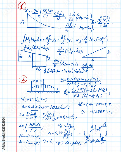 Retro vector background with physics formulas, equations outlines on notebook page. College notation. Educational and scientific vintage background.