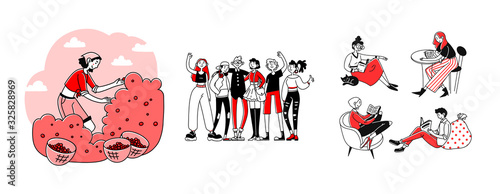 Hobby and leisure time set. People picking berries, reading book, meeting friends. Flat vector illustrations. Activity, vacation, education concept for banner, website design or landing web page