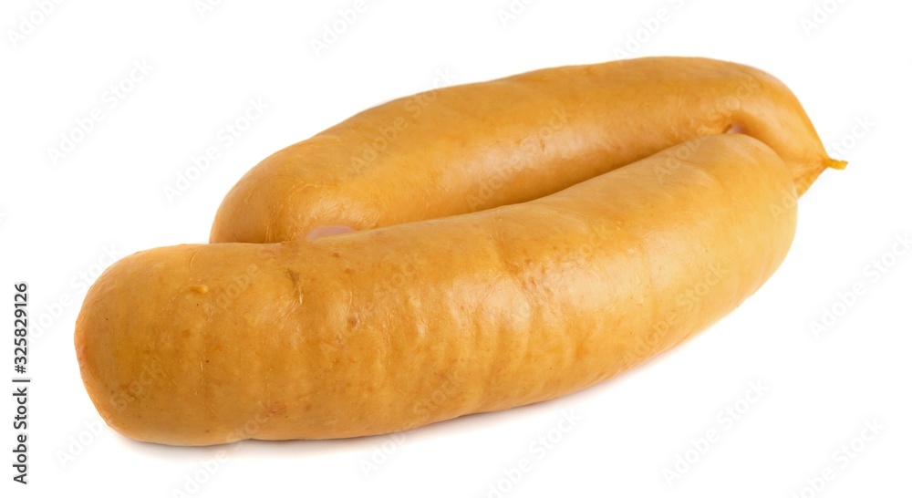 Two large German smoked sausages isolated on a white background Two large German smoked sausages isolated on a white background