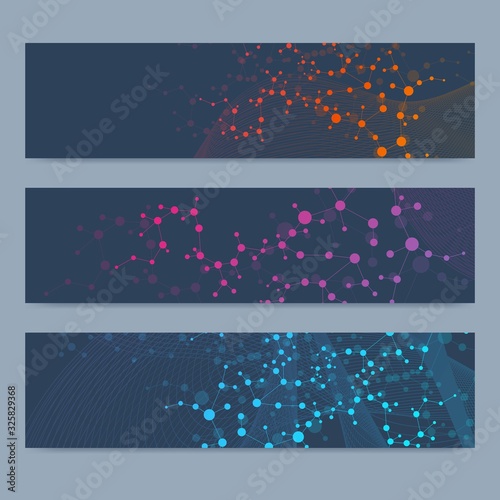 Scientific set of modern vector banners. DNA molecule structure with connected lines and dots. Scientific and technology concept. Wave flow graphic background for your design. Vector illustration.
