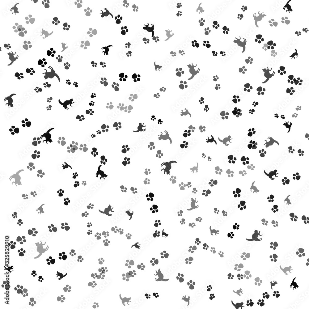 Monochrome abstract background. Black and white pattern. Seamless texture with small paws and cats.