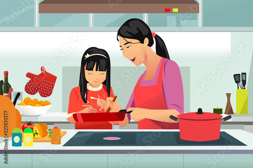 Chinese Mother and Daughter Cooking in the Kitchen Vector Illustration