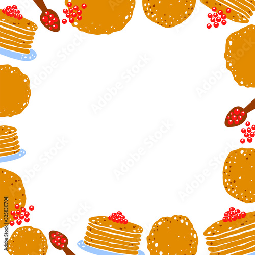 Frame of pancakes and caviar on the Russian holiday Maslenitsa