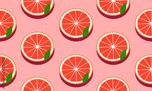 Seamless background with slices red grapefruit with shadow. Vector fruit design for pattern or template.