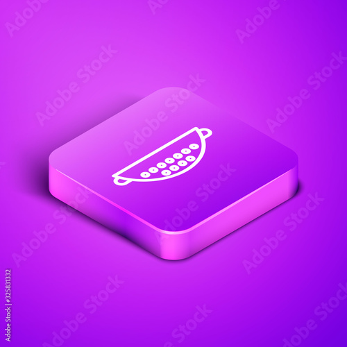 Isometric line Kitchen colander icon isolated on purple background. Cooking utensil. Cutlery sign. Purple square button. Vector Illustration