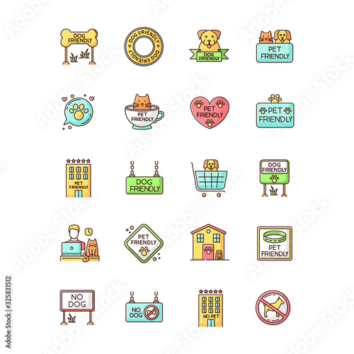 Dog friendly and no pet signs RGB color icons set. Cats and dogs allowed and banned areas, free and closed entry. Domestic animals welcome and not allowed zones. Isolated vector illustrations