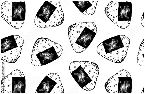 Sketch hand drawn pattern with black  onigiri with rice and nori isolated on white background. Japanese, asian, korean food. Wallpaper with Gimbap for menu, packaging, sushi bar. Vector illustration photo