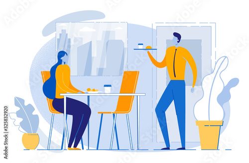 Workers on Lunch Break Flat Vector Illustration. Coworkers Meeting in Eatery Cartoon Characters. Friends, Colleagues Eating in Cafeteria. Break from Work, Free Time, Office Meal Concept