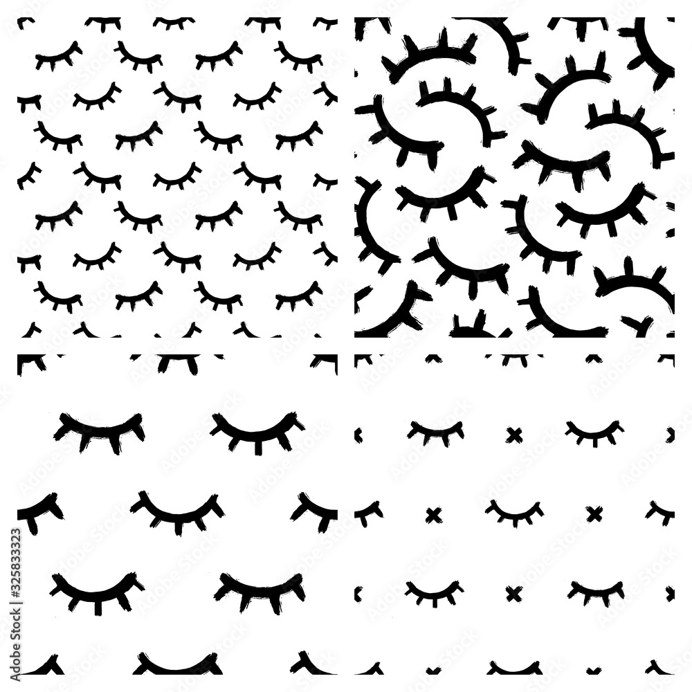 Set of seamless patterns with eyelashes isolated on white backgrounds. Cute lashes vector wallpapers.	