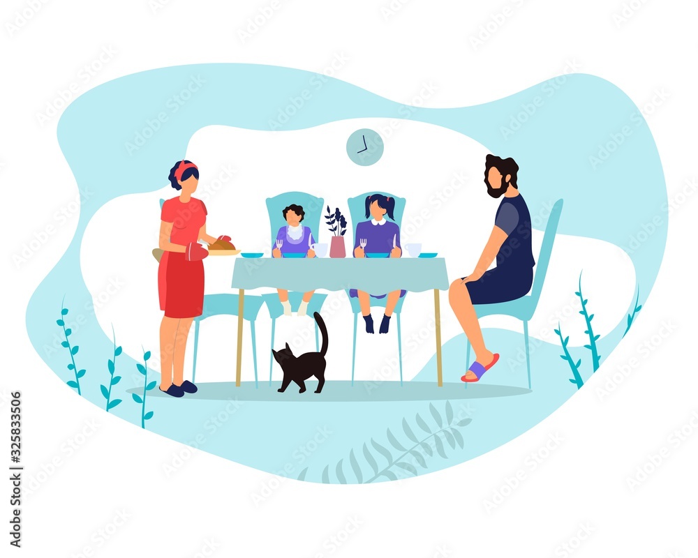 Mother Serving Table for Family. Happy People Having Meal Together, Parents with Kids Sitting on Kitchen at Home Eating Food, Domestic Lifestyle, Loving Relations. Cartoon Flat Vector Illustration Mother Serving Table for Family. Happy People Having Meal Together, Parents with Kids Sitting on Kitchen at Home Eating Food, Domestic Lifestyle, Loving Relations. Cartoon Flat Vector Illustration