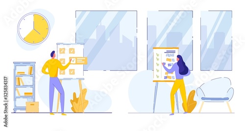 Personal Work on Business Projects. Two Painted Characters - Man and Woman Working in Office. Check Readiness Projects. Different Tasks. Visual Working with Slides, Flatbed Boards.