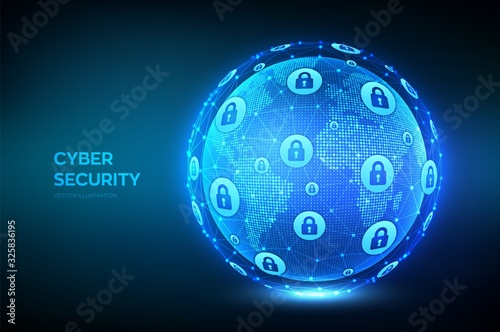 Cyber security. Information protect and Security of Safe concept. World map point and line composition. Earth globe. Illustrates cyber data security or network security idea. Vector illustration.