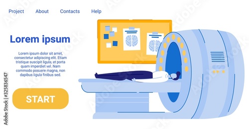 Man Patient Having Medical Examination Flat Cartoon Banner Vector Illustration. Magnetic Resonance Imaging Technology. Doing Brain Scan or Tomography Landing Page. Character Lying on Table.